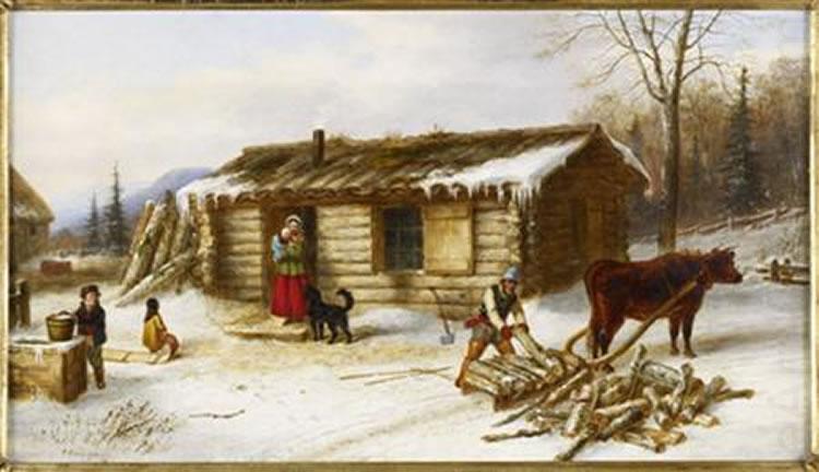Chopping Logs Outside a Snow Covered Log Cabin, Cornelius Krieghoff